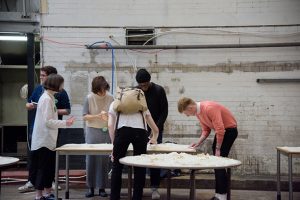 Audrey Cottin, Flour Tables, 2016. Installation view at Cains Brewery. Photo: Mark McNulty